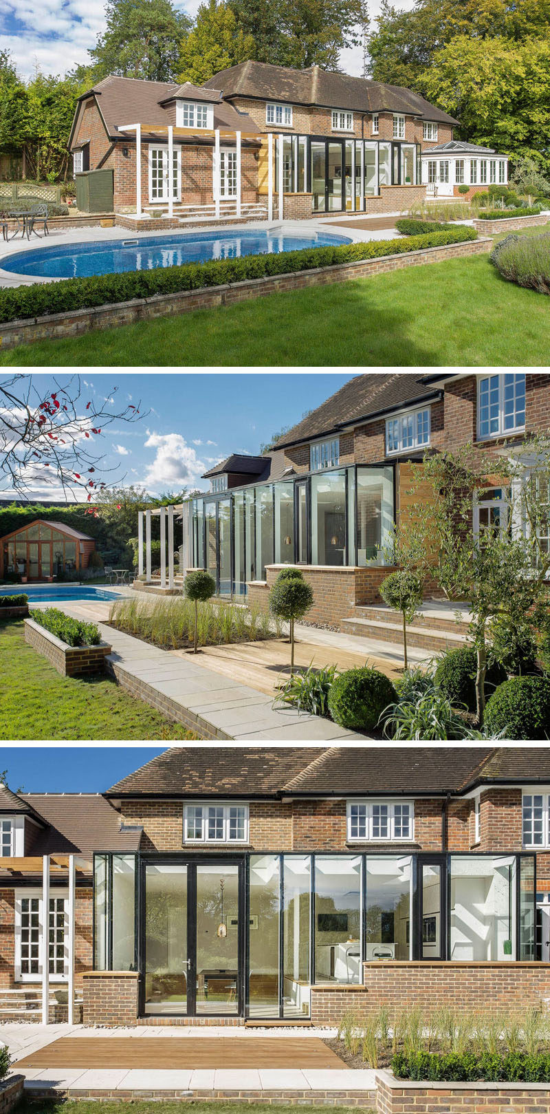 14 Examples Of British Houses With Contemporary Extensions // This large home got a bright extension that features lots of windows to brighten up the interior and help make it feel more connected to what's going on outside.