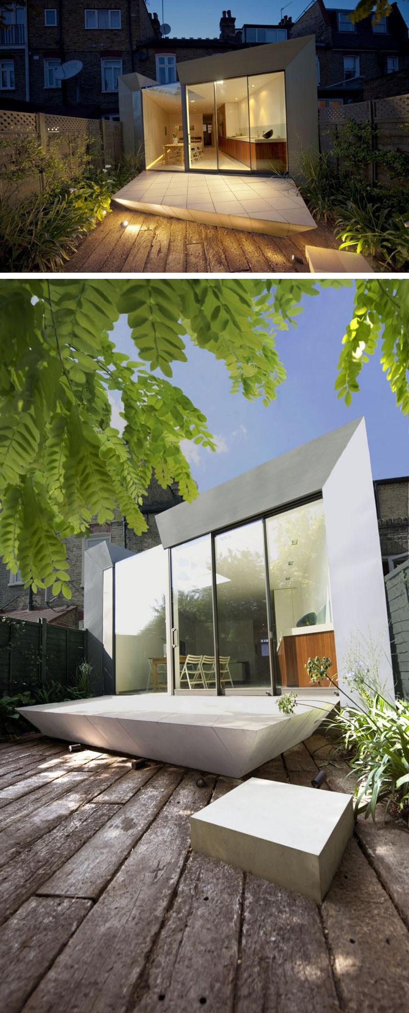 14 Examples Of British Houses With Contemporary Extensions // An angular extension on this British home adds a geometric touch to the home and makes more use of the long backyard.