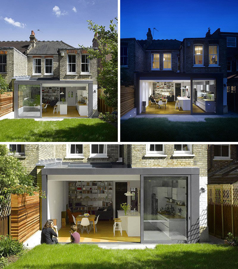 14 Examples Of British Houses With Contemporary Extensions // The modern extension on this London home created a modern kitchen and living space, and opens up right onto the grassy back yard.