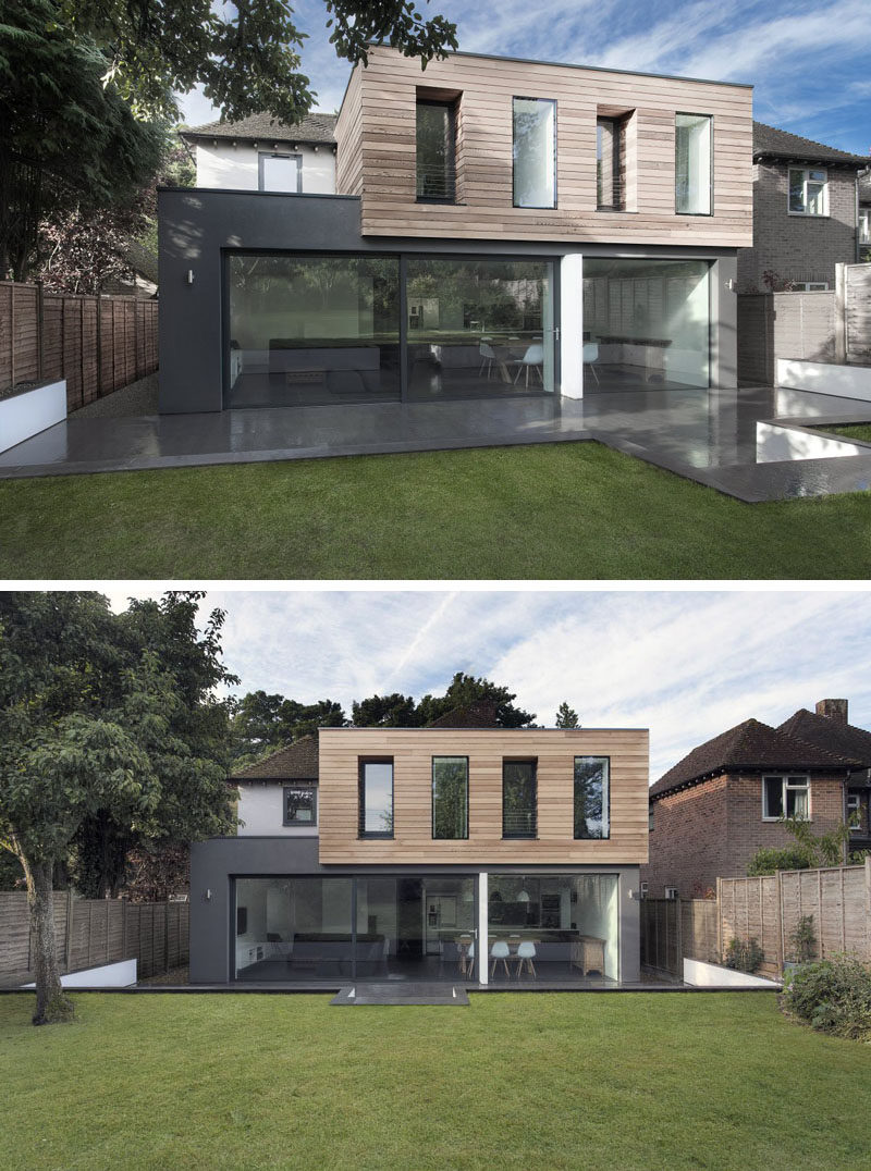 14 Examples Of British Houses With Contemporary Extensions // Large windows, light wood paneling on the top box, and dark exterior walls on the bottom box gave this British home a sleek modern update.