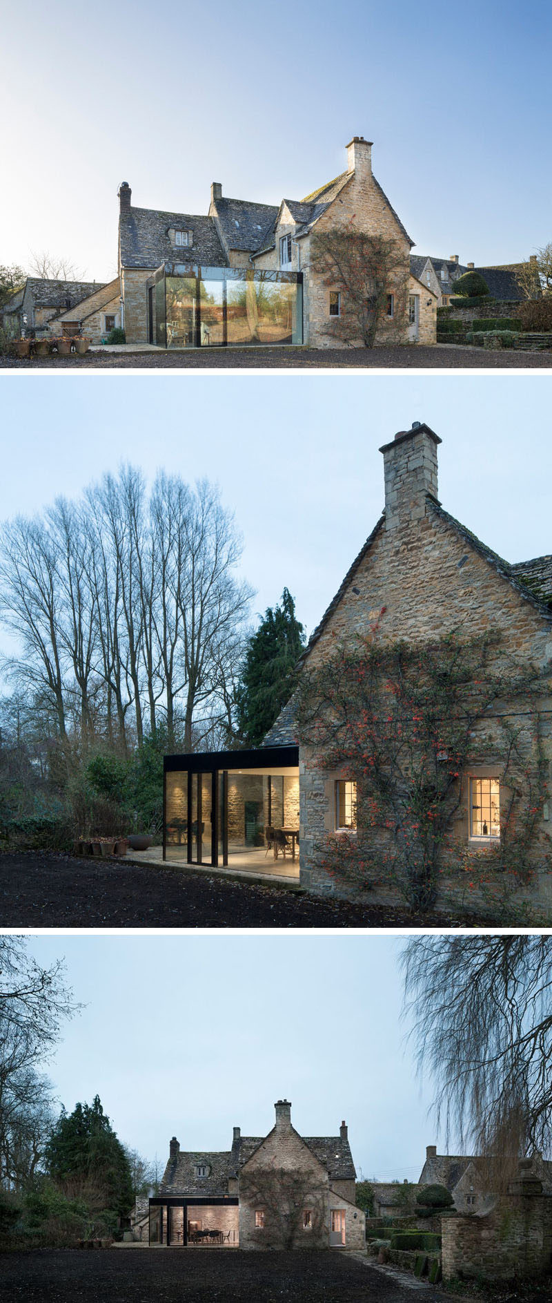 14 Examples Of British Houses With Contemporary Extensions // A traditional stone house got a contemporary extension built from glass windows and black steel that created a modern dining area still connected to the rest of the stone home.