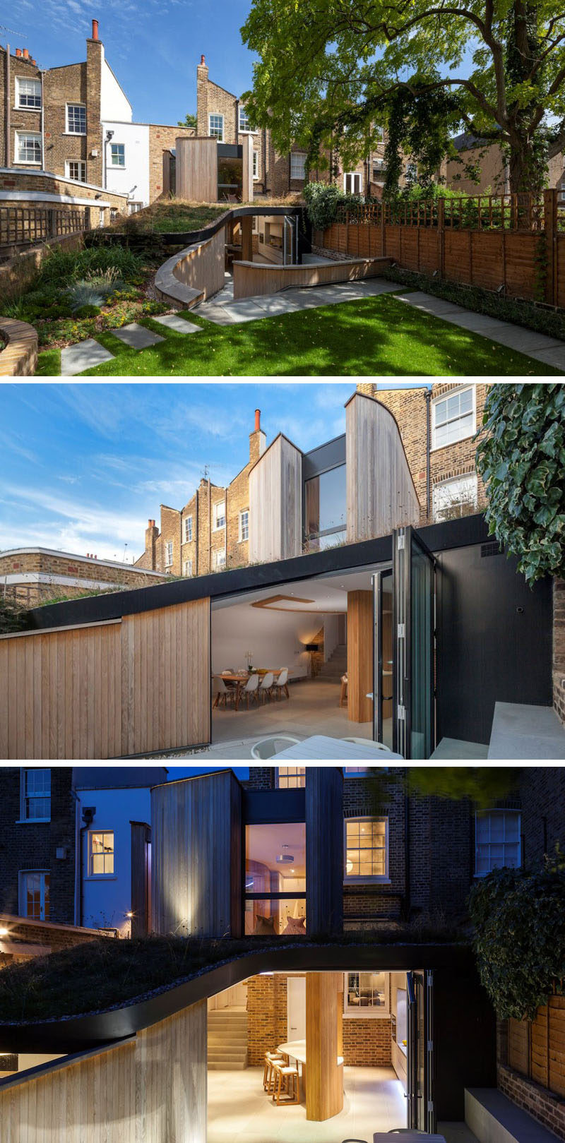 14 Examples Of British Houses With Contemporary Extensions // The modern light wood paneled extension built onto the back of this British home is concealed by an angled green roof that connects to the rest of the garden and curves around the top of the extension.