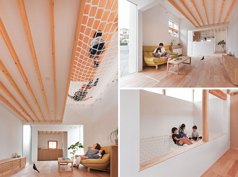 This house in Japan has a built-in, lofted hang-out net for the children to relax in.