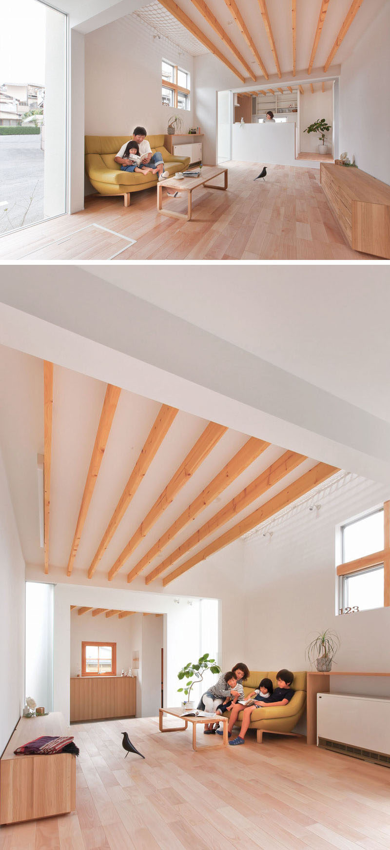 This house in Japan has a bright interior with white walls and light wood, plus there's a built-in, lofted hang-out net for the children to relax in.