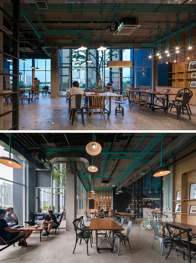 Interior Decor Idea - Turquoise electrical conduit is a design feature running through this co-working office space.