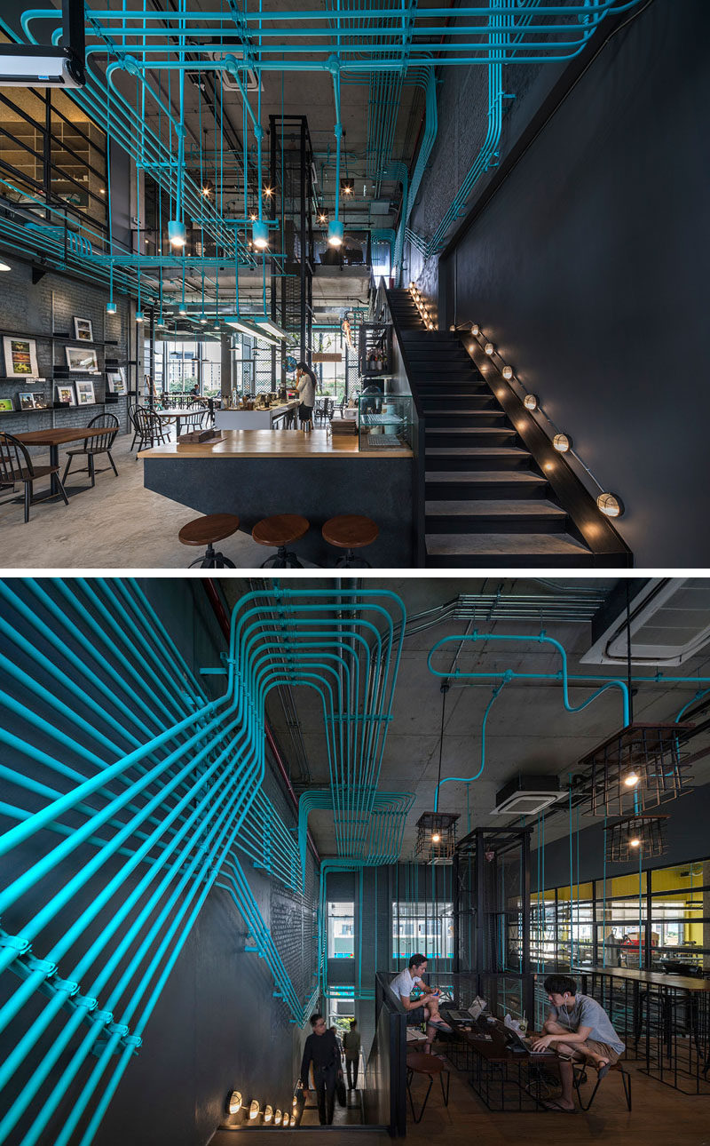 Turquoise electrical conduit is a design feature running through this