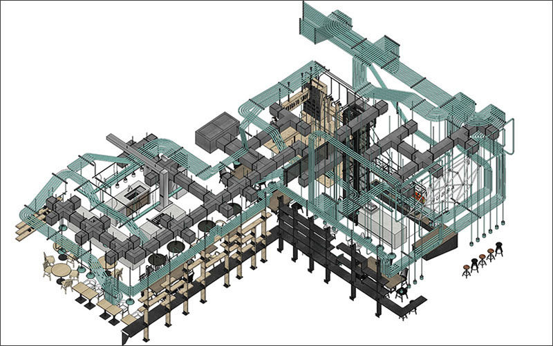 Interior Decor Idea - Turquoise electrical conduit is a design feature running through this co-working office space.