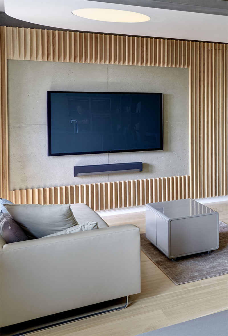 Interior Design Idea - A Section Of This Wood Covered Wall Was Left Empty For The TV