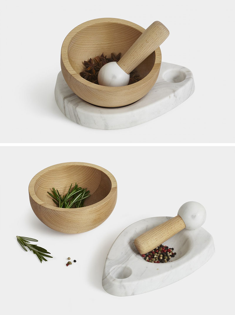 Gift Ideas For People Who Love To Cook // This mortar and pestle can be used in a number of ways to get various degrees of coarseness with the wood bowl being ideal for soft grinding and the marble dish being better for crushing.