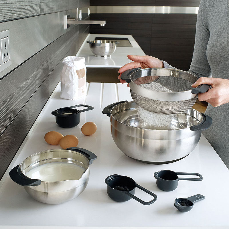 Gift Ideas For People Who Love To Cook // These bowls, colander, and measuring cups all stack on top of and inside of each other to make for convenient storage and to ensure that you have all of the essentials with reach.