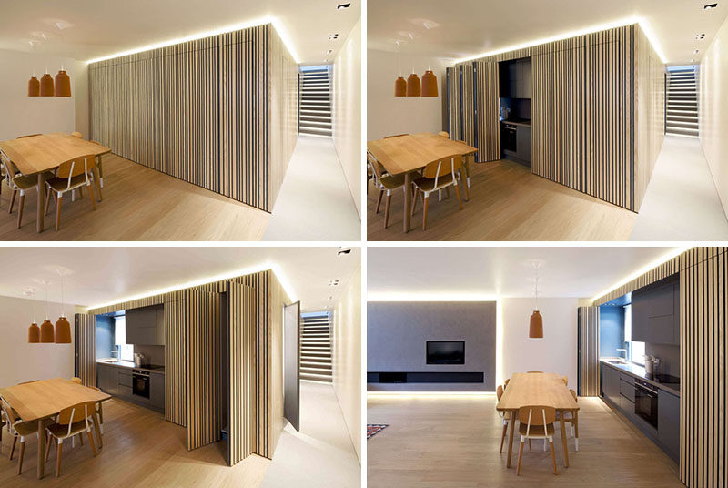 This kitchen is hidden within a wood covered box with folding doors.