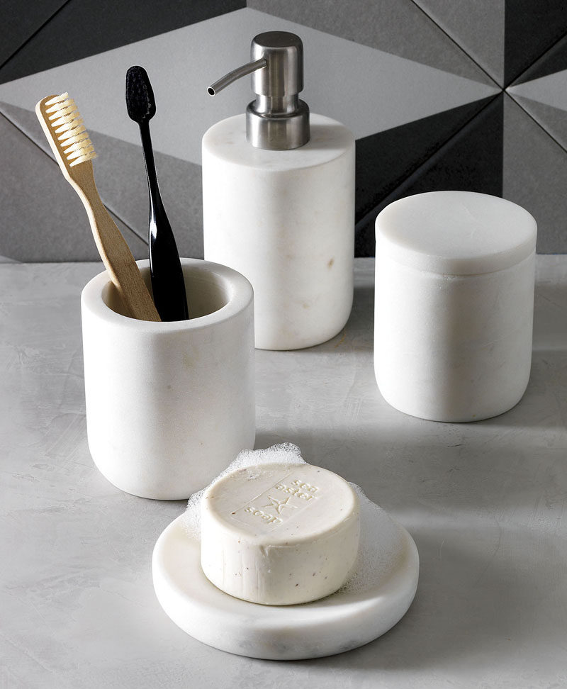 Bathroom Design Idea - 5 Ideas For Adding Marble To Your Bathroom // Accessories - A marble toothbrush holder, soap ledge, or cotton ball container can all transform your bathroom into a sophisticated and glamorous spa-like oasis.