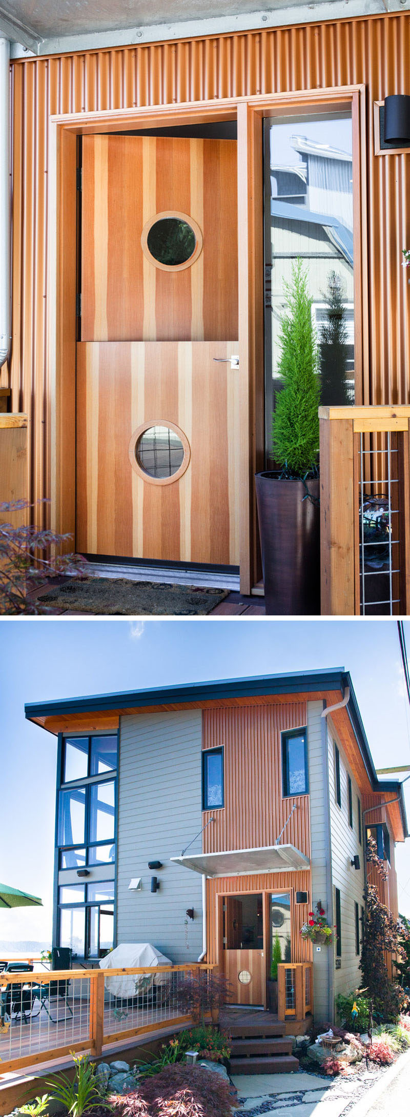 Door Design Ideas - 9 Examples Of Modern Dutch Doors // Various shades of wood and a circular window on each half of the door makes the door blend in with the copper siding used around the house.