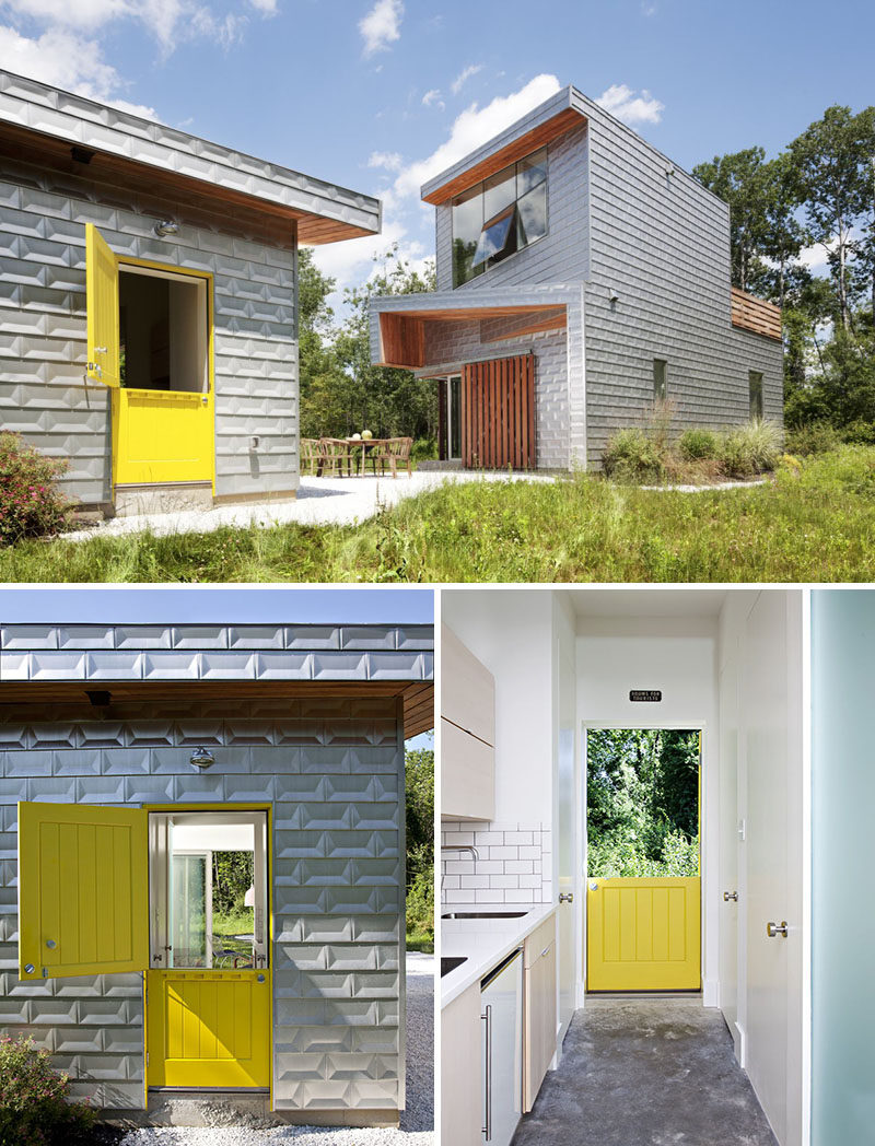 Door Design Ideas - 9 Examples Of Modern Dutch Doors // A friendly yellow Dutch door welcomes guests to this guest house and fits right in with the modern country home theme the designers were aiming for.