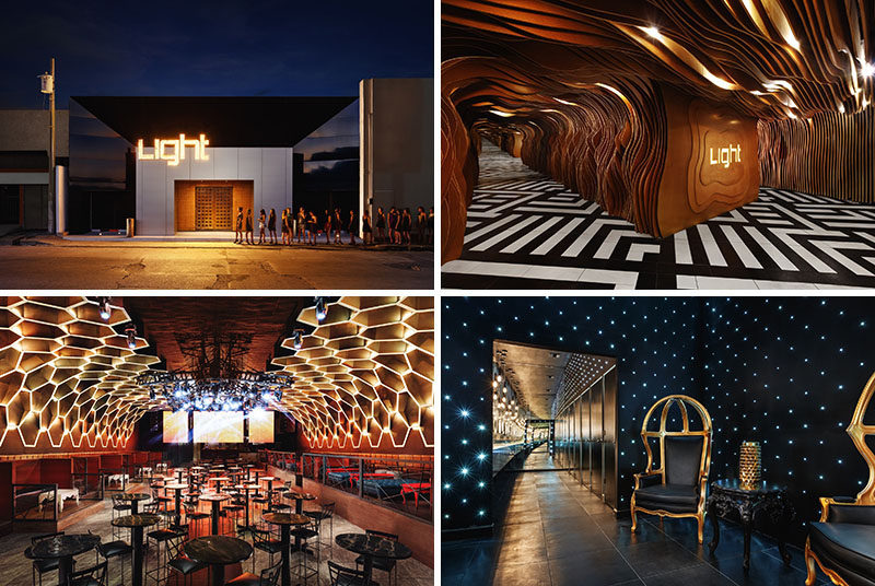 This renovated nightclub features organic wood shapes, mirror effects, honeycomb ceiling details and walls with stars.