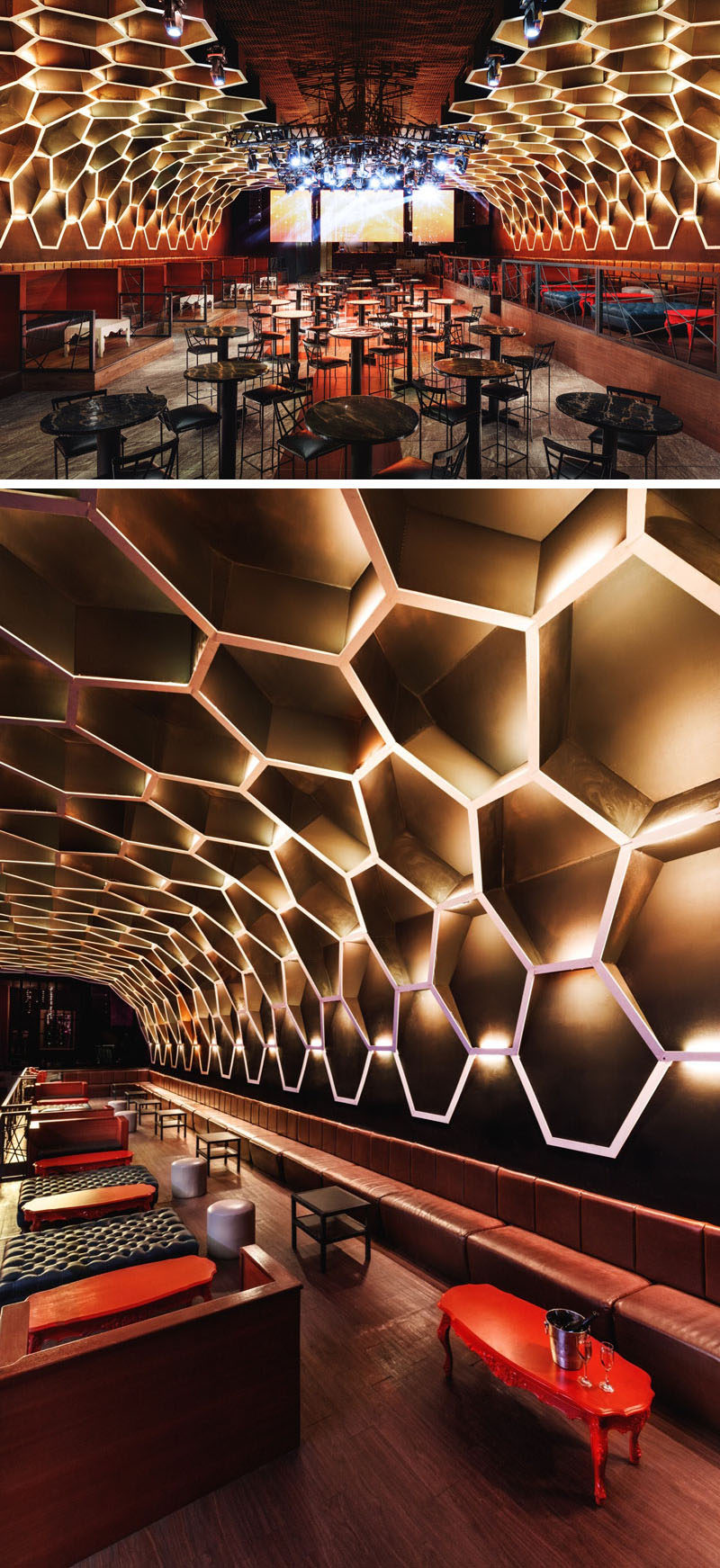 Honeycomb shapes create a dramatic look in this modern nightclub.