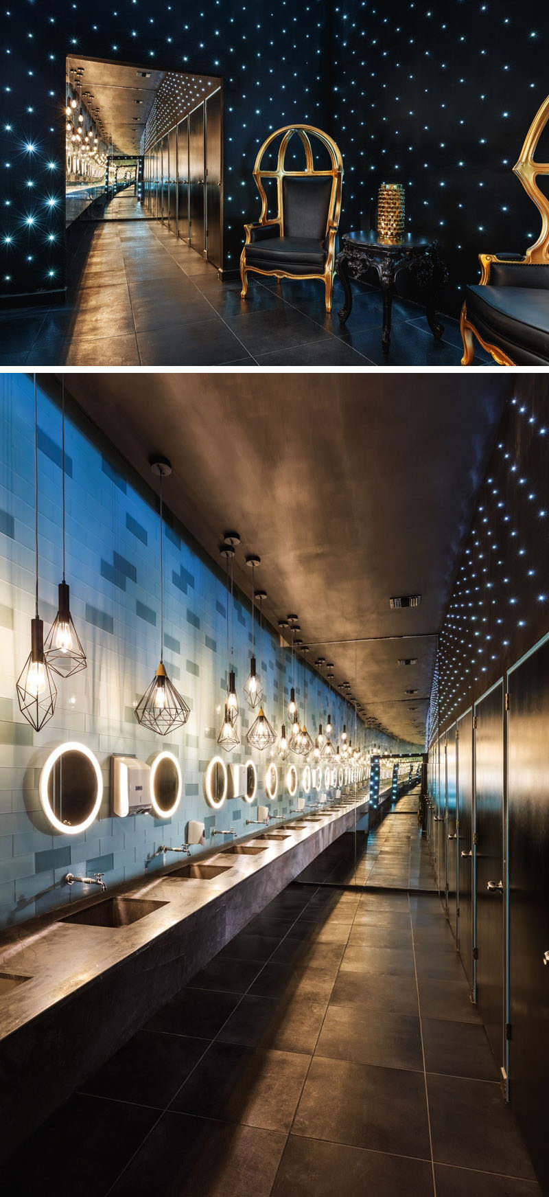 In this nightclub bathroom, a mirror makes the space look larger than it actually is, and small lights create a starry sky effect.