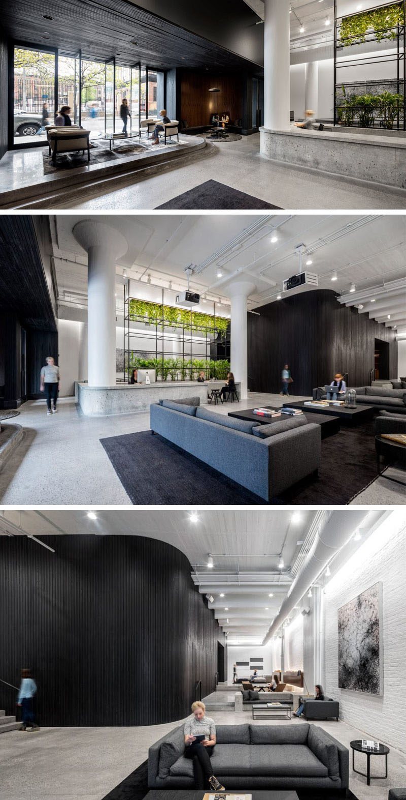 This office lobby is home to a concrete reception desk with plant feature, and large double-height ceilings. There's plenty of seating and the lobby can also double as an event space.