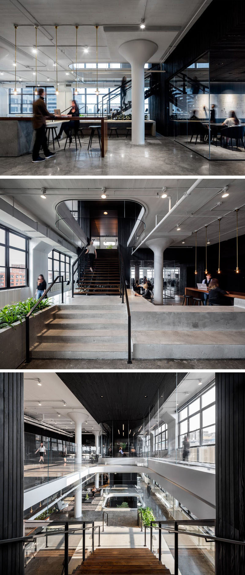 This office space has a common area for working on joint projects, and large windows that fill the various floors with lots of light. Polished concrete floors have been used throughout the office, and wide staircases help to keep the various levels of the office open and connected.