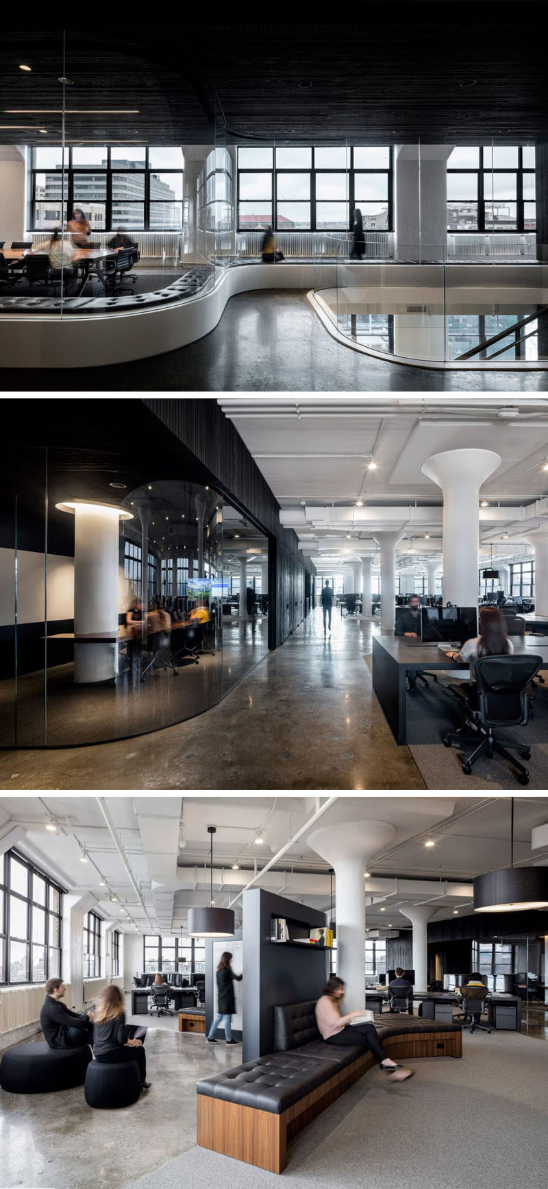 In this New York office space there's curved tinted glass areas with custom curved seating, meeting rooms, plenty of desks, and other more casual work areas.