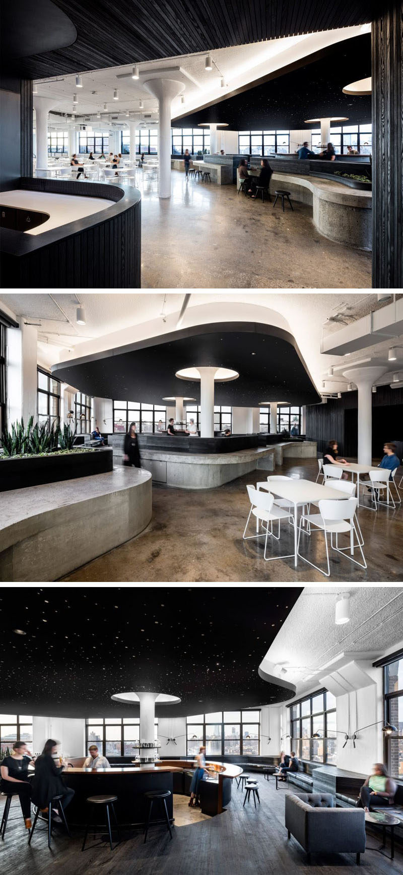 This office cafeteria has curved concrete bars and a dramatic black ceiling.