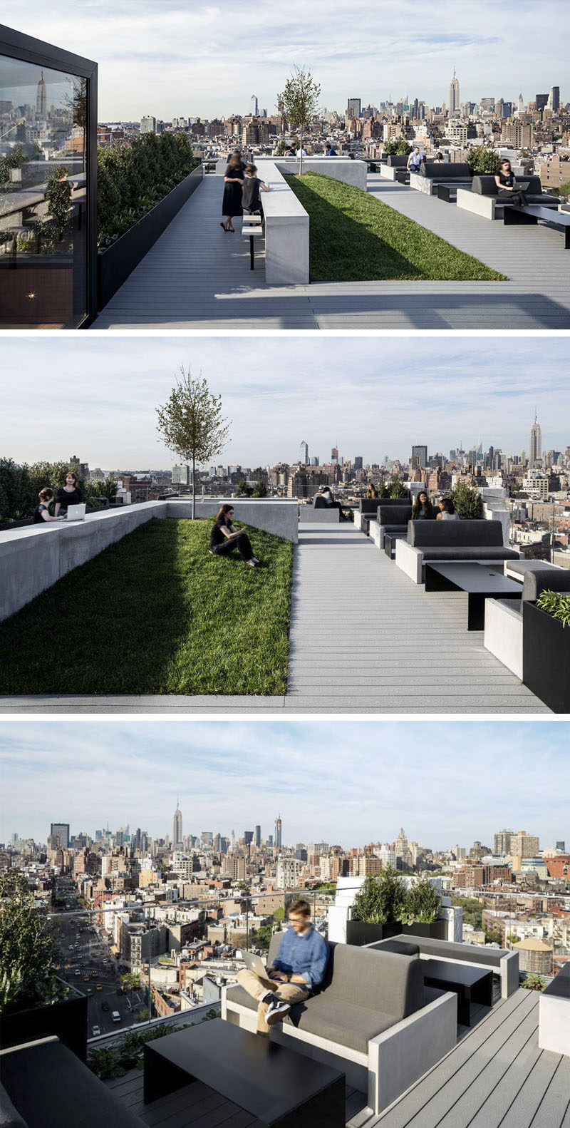 On the roof of this office space there's an amazing view of New York City, plenty of seats and a small grassy hill for a more relaxed break time.