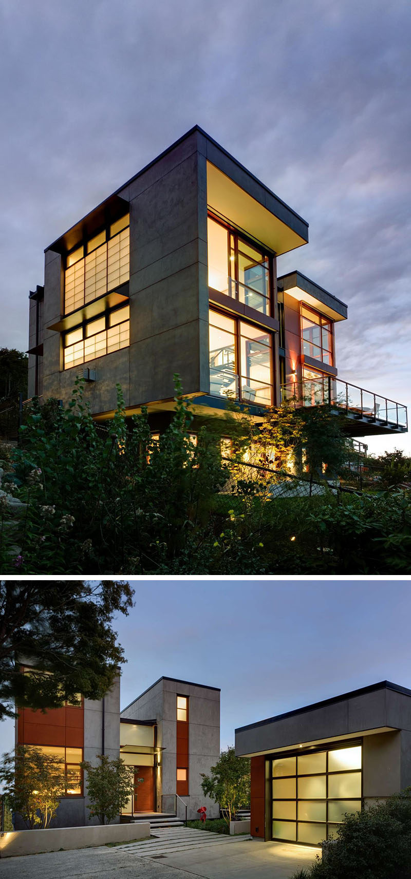 20 Awesome Examples Of Pacific Northwest Architecture // Lots of concrete on the exterior of this home give it an industrial feel while large windows and deep over hangs give it a Pacific Northwest look.