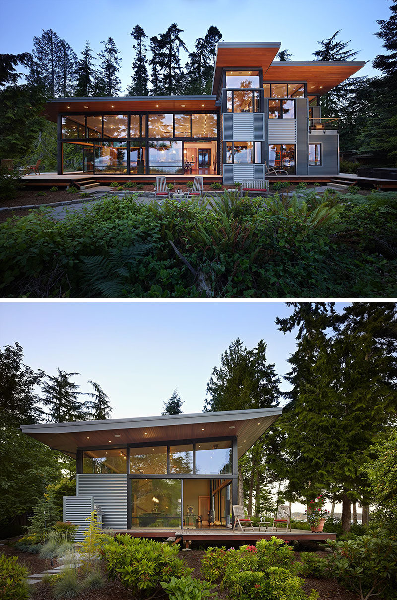 20 Awesome Examples Of Pacific Northwest Architecture // Walls of windows let light flood into this forest home while deep over hanging wooden eaves provide a natural element.