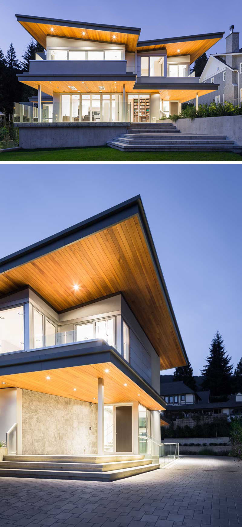 20 Awesome Examples Of Pacific Northwest Architecture // The wood butterfly roof above the concrete house, coupled with the dramatic lighting, make this Pacific Northwest home look dramatic and modern.