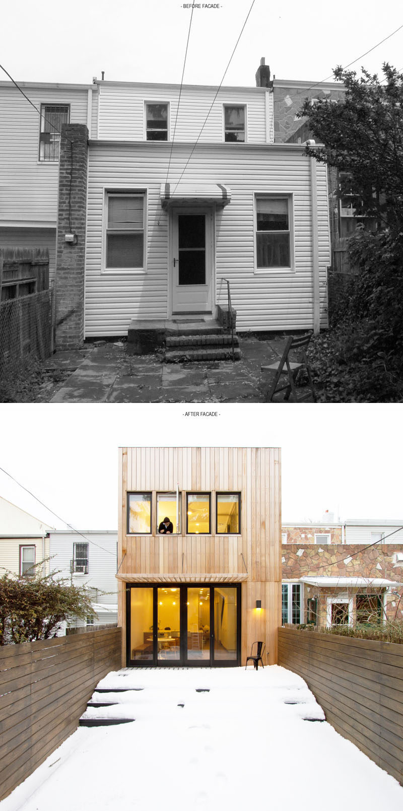 House Renovation Ideas - 17 Inspirational Before & After Projects // This old Brooklyn row home underwent a contemporary transformation that added an extra level, and replaced outdated white siding with light toned strips of wood.