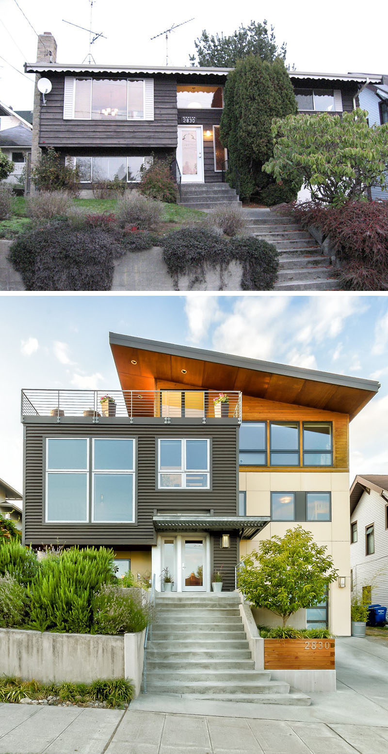 House Renovation Ideas - 17 Inspirational Before & After Projects // This split-level Seattle home was completely transformed with sleek metal siding, a wood extension, and a rooftop patio.