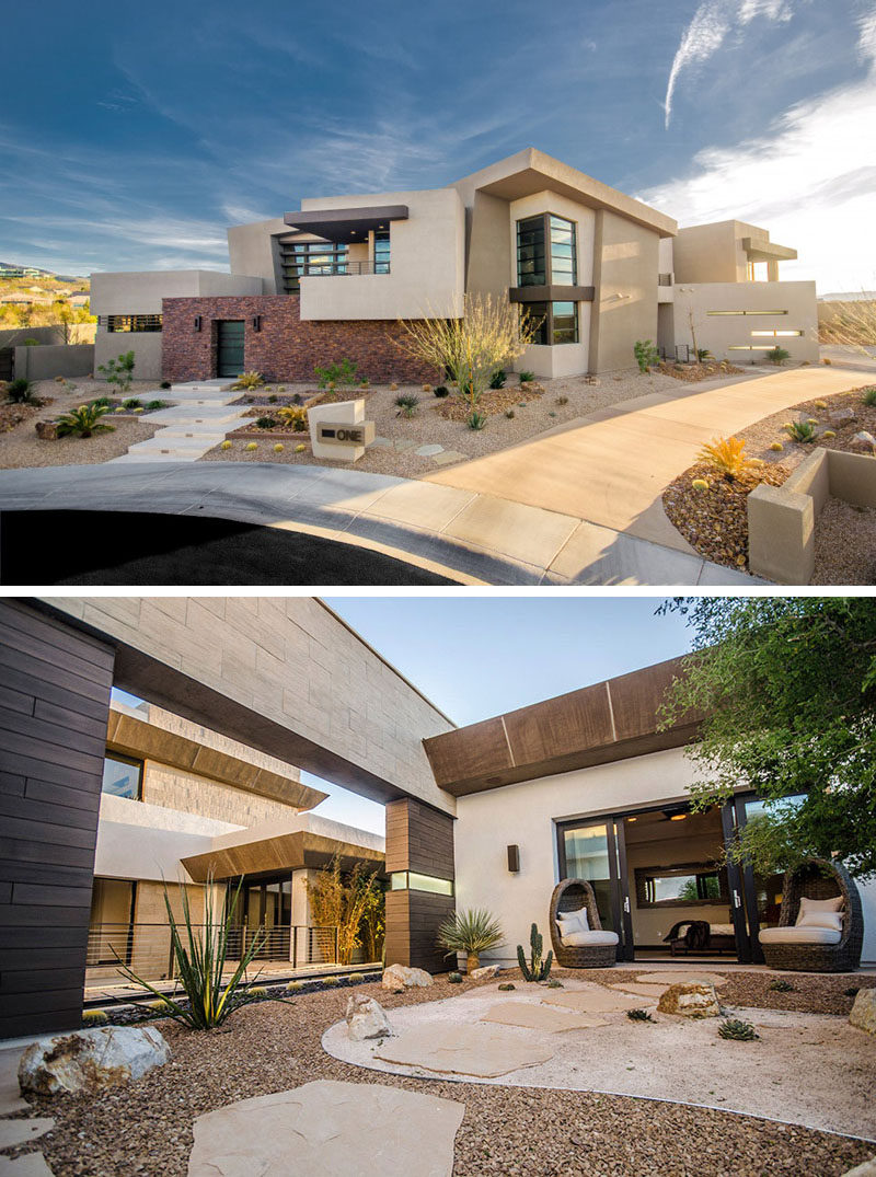 This Las Vegas home has no grass but instead has a number of plants scattered throughout the rocks, all drought resistant and and very low maintenance. #RockGarden #GardenIdeas #ModernGarden #Landscaping #GardenDesign