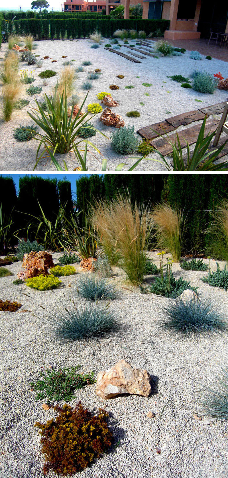 Although this backyard looks a little sparse right now, once the plants grow a bit, there will be less gravel and more plant life. #RockGarden #GardenIdeas #ModernGarden #Landscaping #GardenDesign