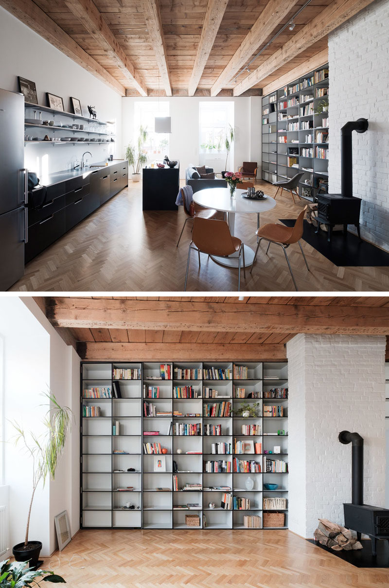 A bedroom hides behind this bookcase and is accessed through a secret door.