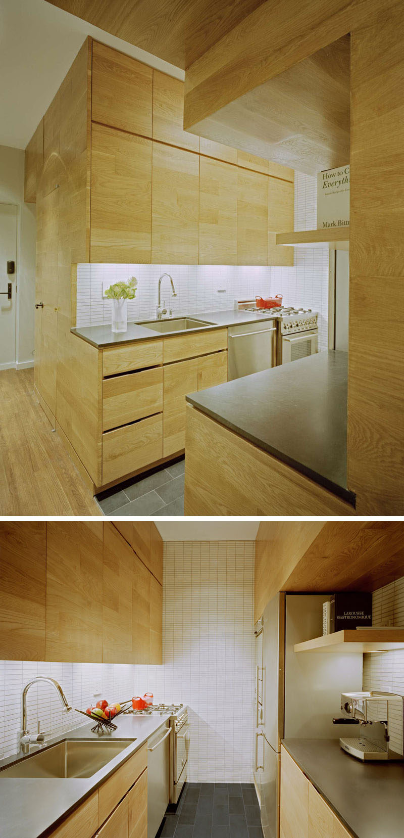 Kitchen Design Ideas - 14 Kitchens That Make The Most Of A Small Space // Lots of light wood and simple white tiles keep this small kitchen streamlined with the rest of the interior, while stainless steel appliances and cabinets that go all the way to the ceiling make it completely functional and extra stylish.