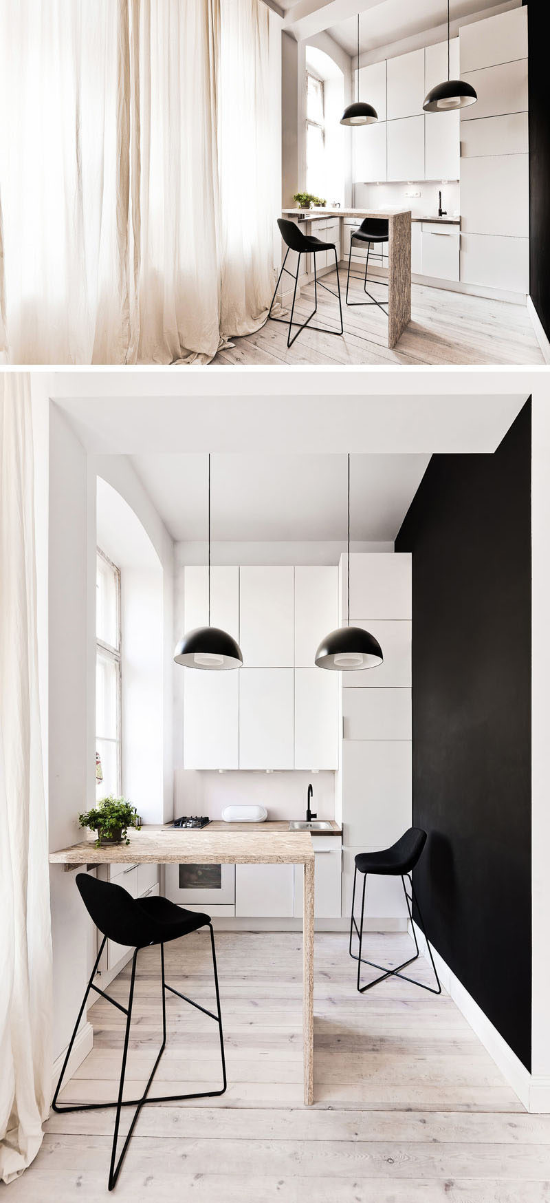 Kitchen Design Ideas - 14 Kitchens That Make The Most Of A Small Space // Even though this entire apartment is only 312 square feet, the tiny kitchen still manages to include all of the essentials and includes lots of storage space and a small ar area to eat at.