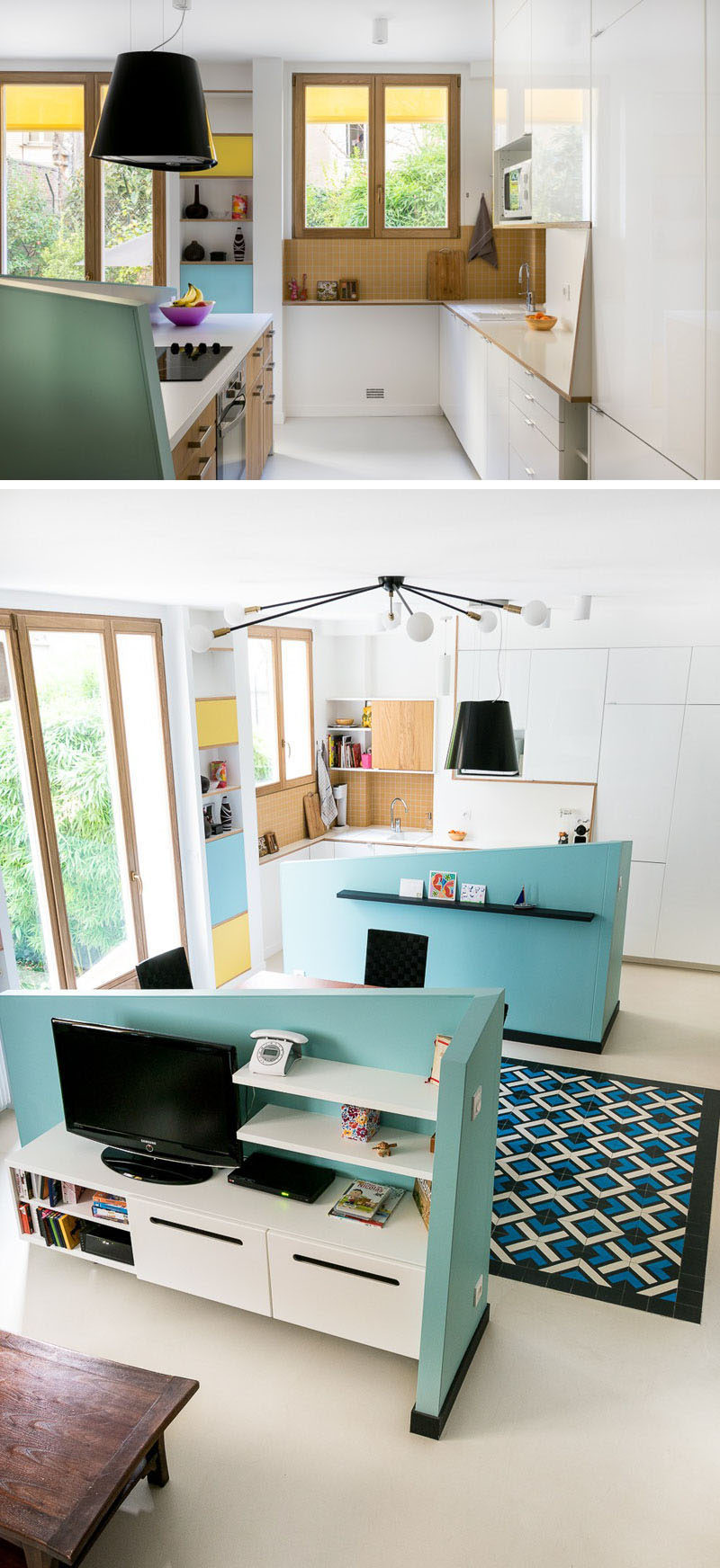 Kitchen Design Ideas - 14 Kitchens That Make The Most Of A Small Space // Half walls used throughout this apartment, including to separate the kitchen from the living area, help brighten the whole space and make the kitchen feel connected to the rest of the apartment.