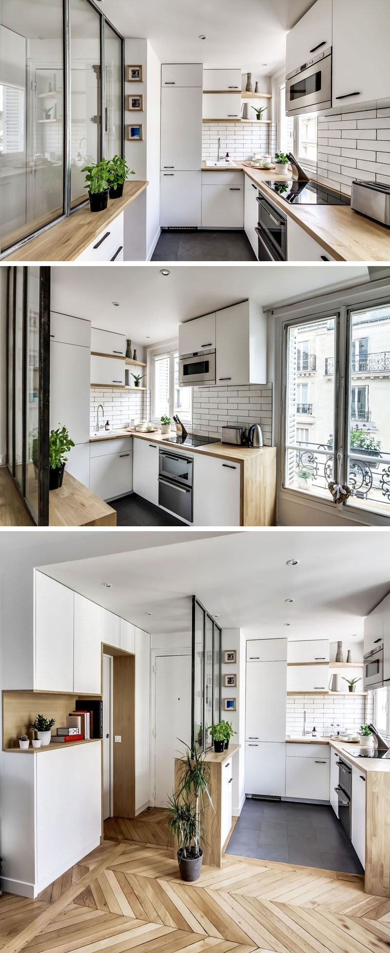 Kitchen Design Ideas - 14 Kitchens That Make The Most Of A Small Space // This mostly-white kitchen has wooden shelves and countertops to break up the cabinetry. Angular open shelves have been used by the window so they don't block the natural light.