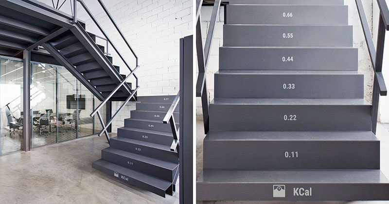 Stairs Design Ideas - These office stairs have the number of calories you burn on each tread as you walk up them.