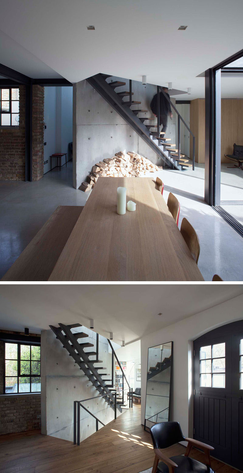 Stairs Design Idea - These wood and steel stairs seen in a renovated home, used upcycled timber from the original space for the stair treads, and the wood and steel keeps with the industrial look of the home.