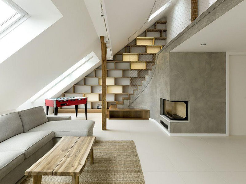 Stairs Design Ideas - 12 Examples Of Staircases With Bookshelves // The stairs in this loft are sandwiched between a bookshelf on one side and a safety net on the other.