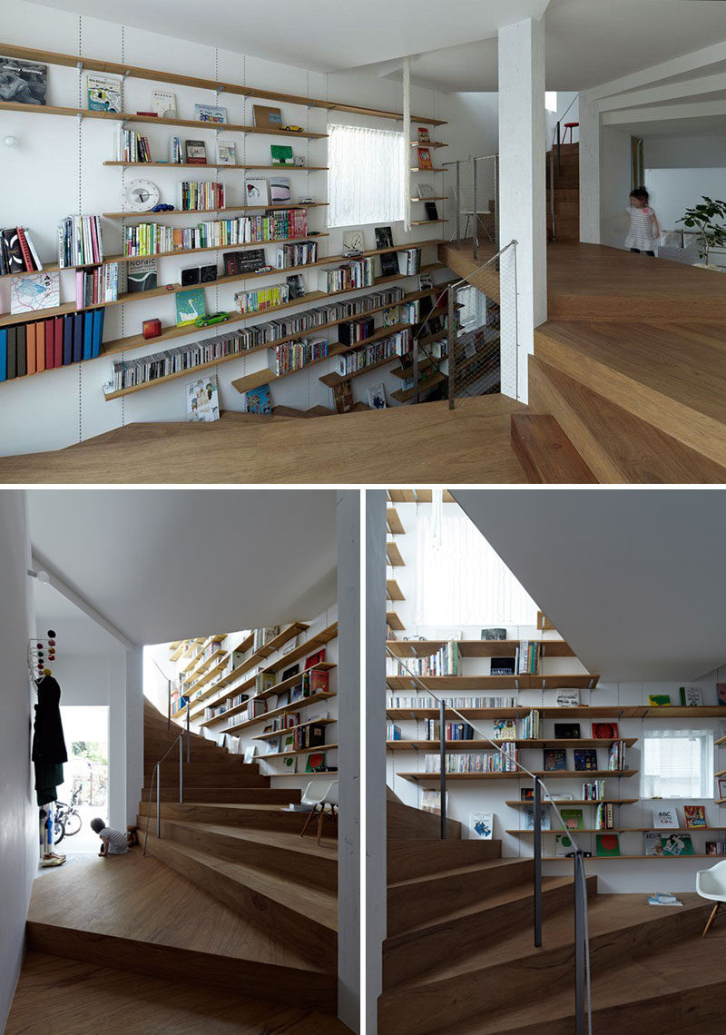 Stairs Design Ideas - 12 Examples Of Staircases With Bookshelves // This winding staircase has floating bookshelves along one side of it.