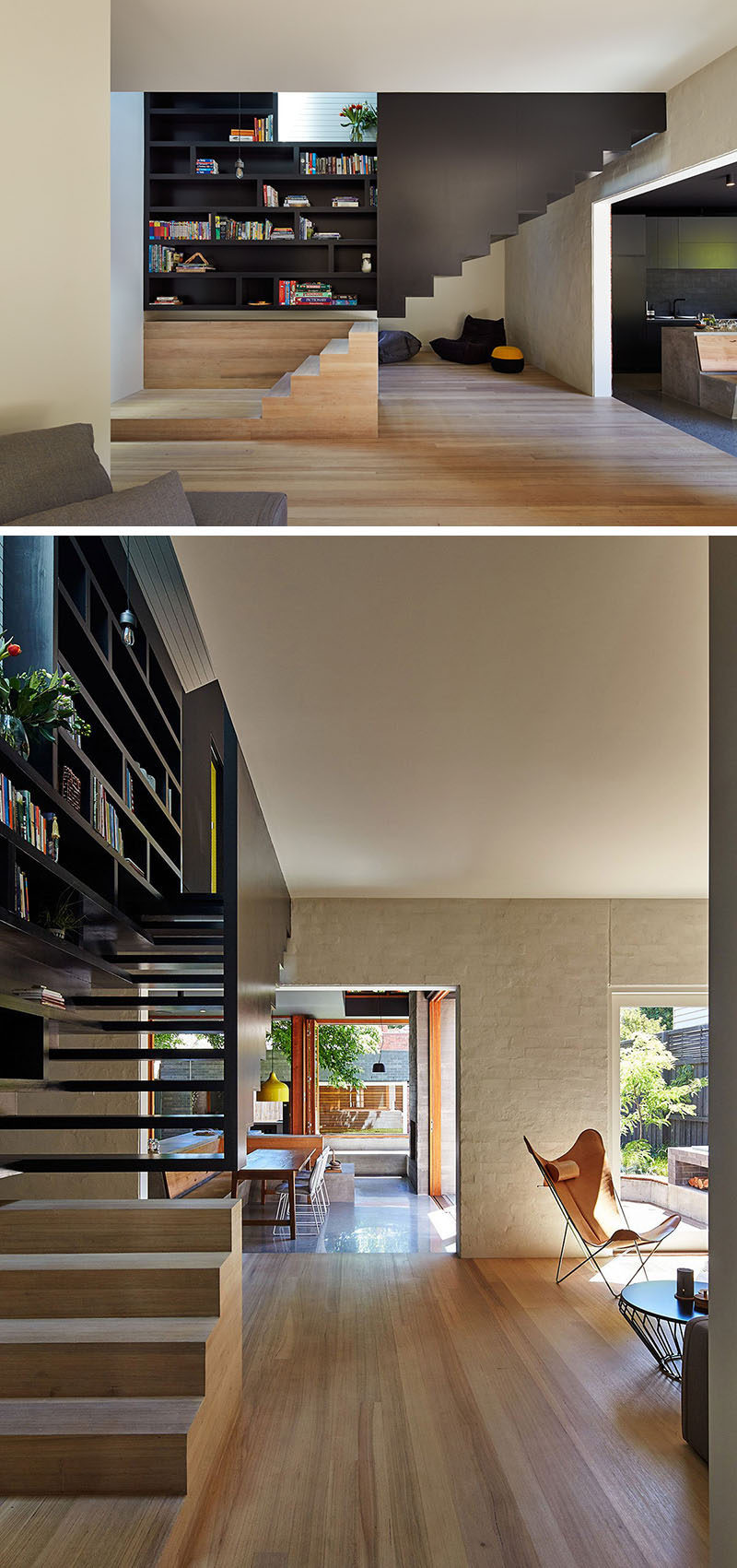 Stairs Design Ideas - 12 Examples Of Staircases With Bookshelves // This bookshelf starts when the materials change and carries on all the way to the top of the stairs.