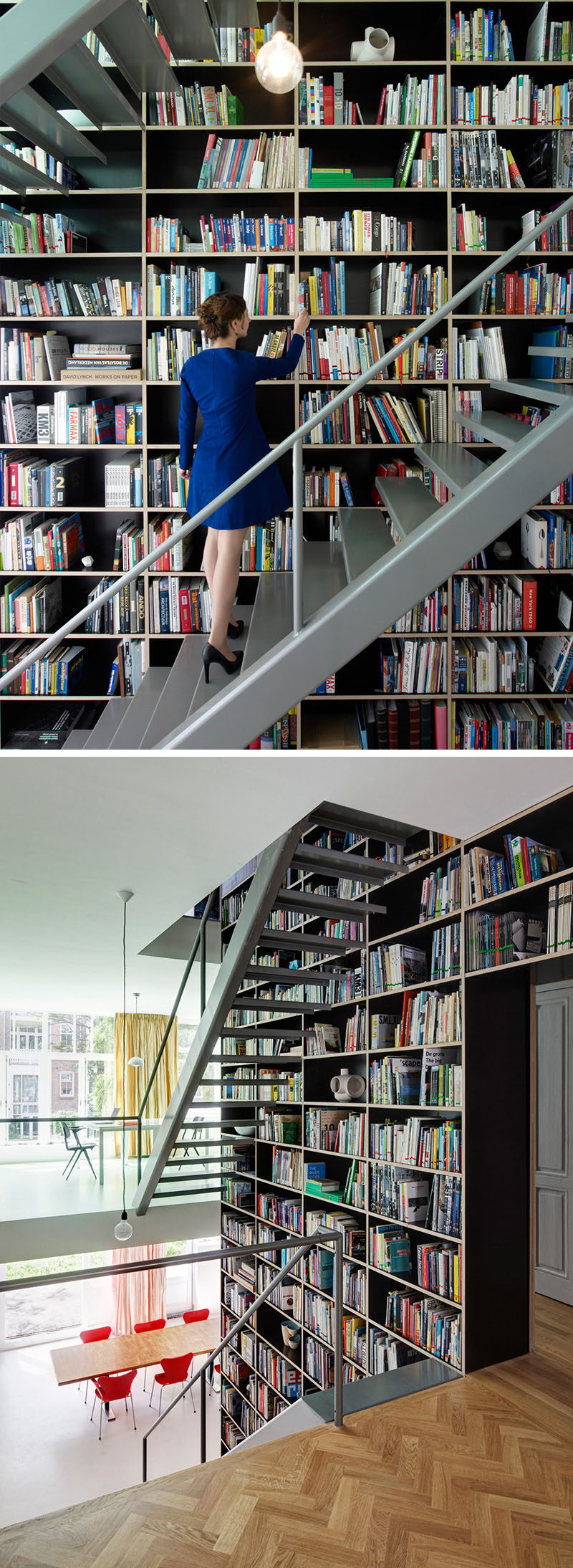 12 Examples Of Staircases With Bookshelves // This bookshelf along side the staircase is as tall as the entire apartment it's in.