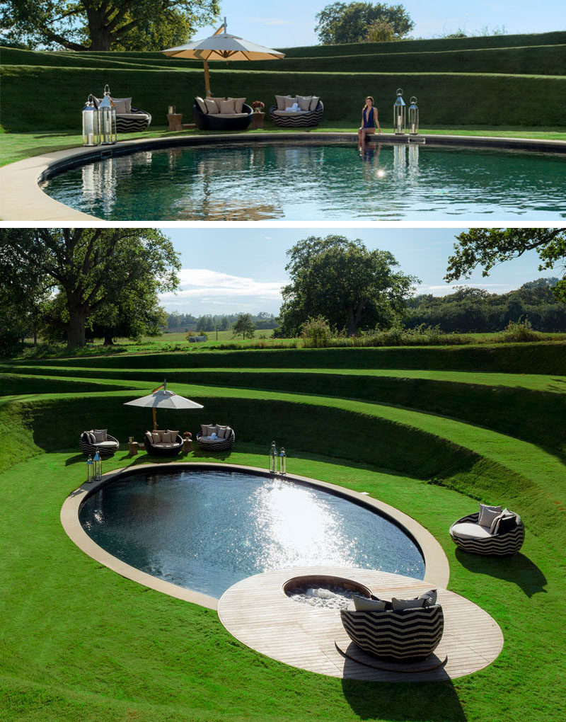 This outdoor space has a circular grassy path that leads to a sunken swimming pool.