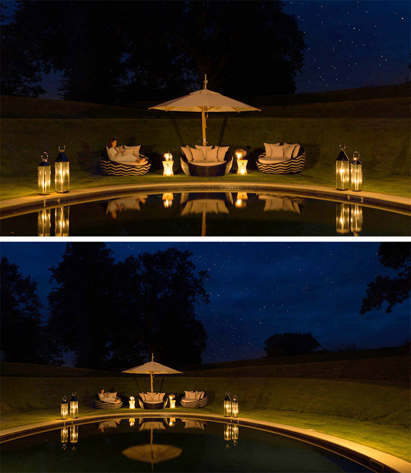 This outdoor space has a circular grassy path that leads to a sunken swimming pool.