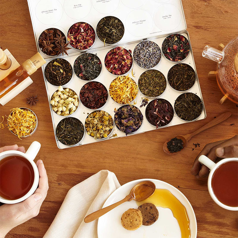 Gift Ideas For Tea Drinkers // This tea gift set has an array of nine herbs and three varieties of eco-certified, organic green tea from Japan, India, and Sri Lanka, as well as reusable tea bags.