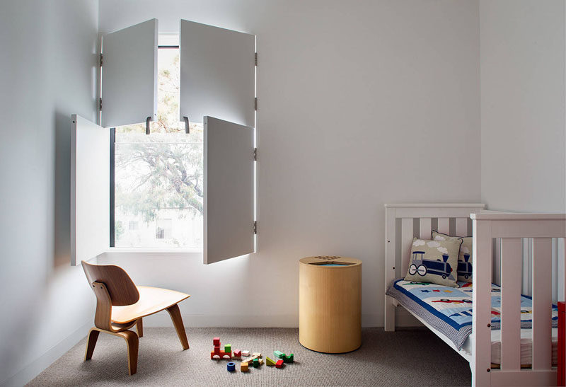 Interior window shutters can be a playful element in a children's bedroom.