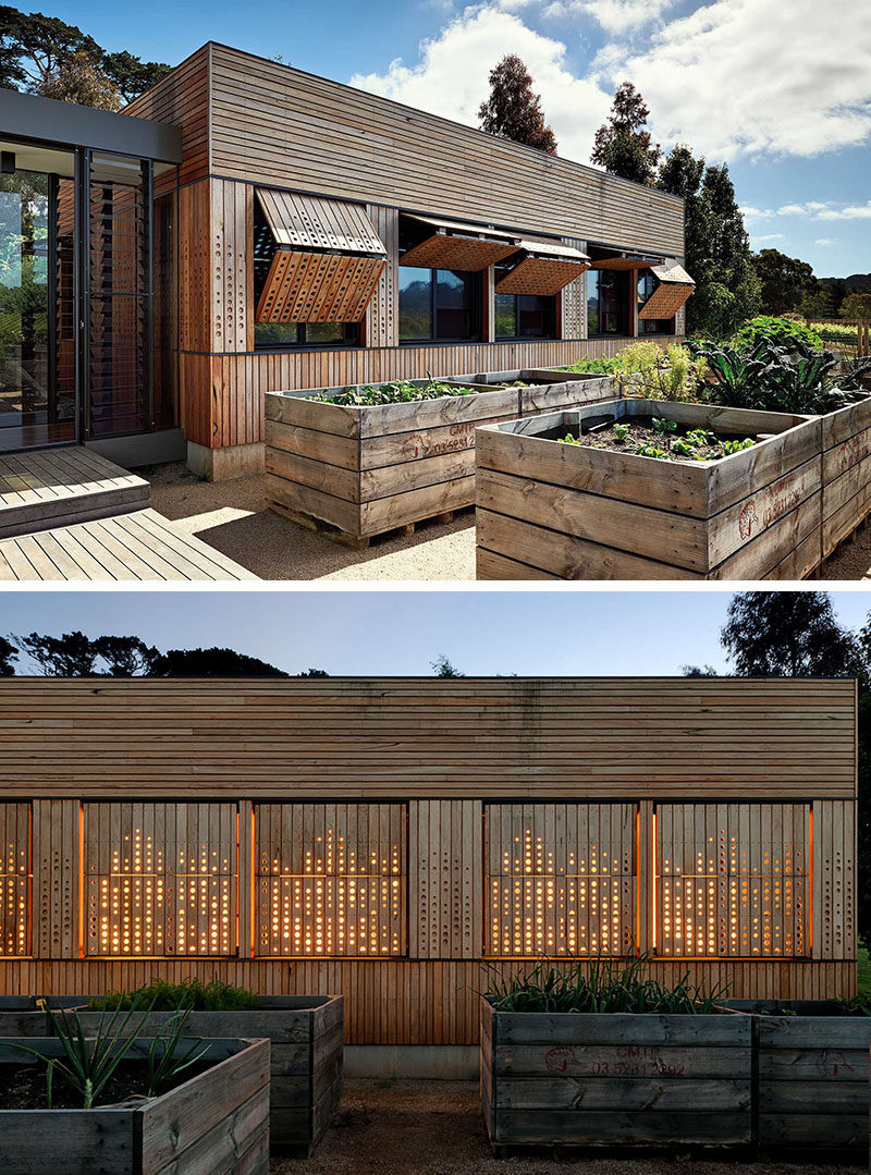 Wood shutters with a pattern can be closed but still let the light through.