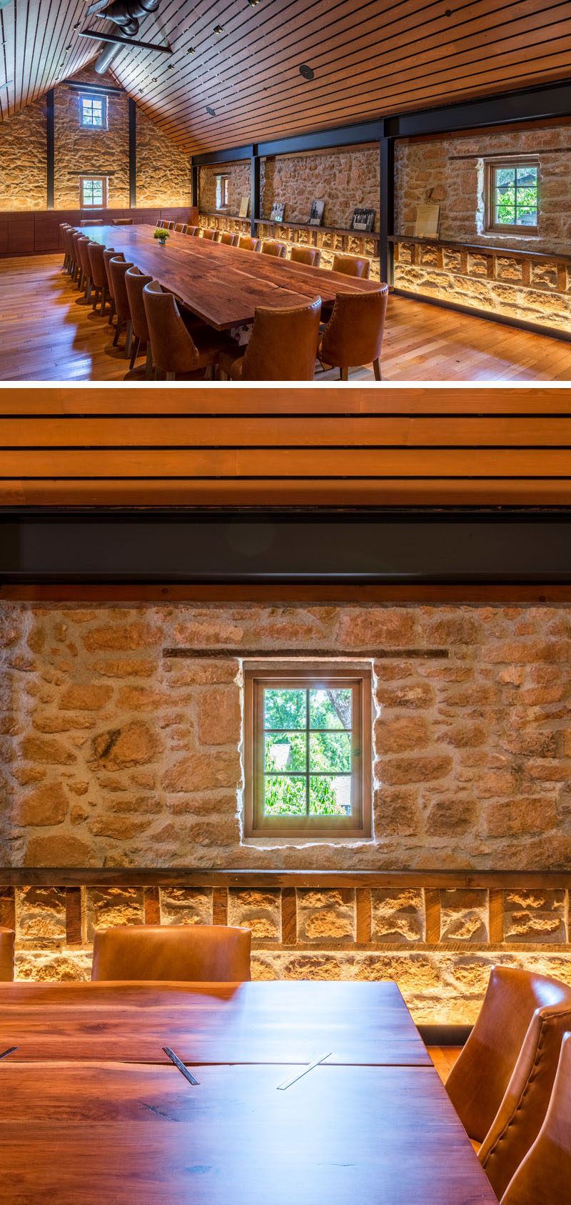 Contemporary touches like hidden lighting were added to the interior of this historic building to highlight the stone work of the original building.